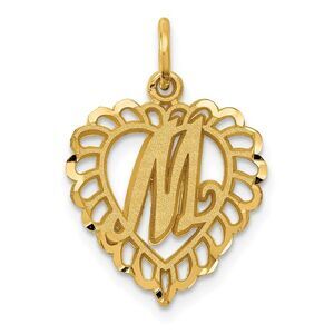 14k Yellow Gold, Grace Collection, Satin Heart Initial M Pendant, 15mm
